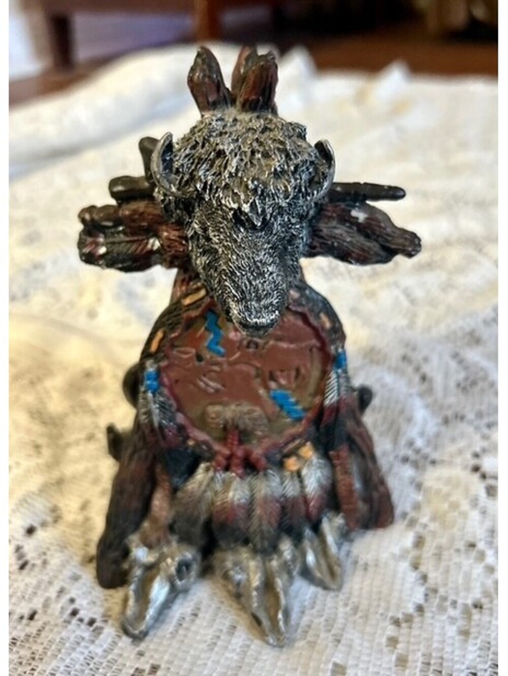 Handcrafted Tribal Style Animal Figurine with Feather and Wood Details